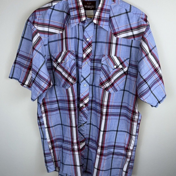 Wrangler Mens Large Blue & Pink White Pearl Snaps Short Sleeve *w/Flaw - Picture 2 of 4